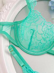 Sheer Embroidery Underwire Sexy Bra & Panty Lingerie Set - Mint Blue - View 4
