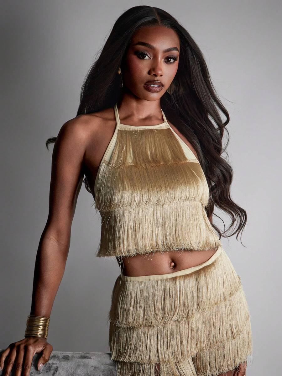 Hauture Sexy Party Night Out Fringed High Halter Neck Backless Top - Gold - View 1