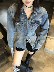 DAZY 女士休闲做旧牛仔衬衫，街头风长袖 - 藍色 - 查看 7