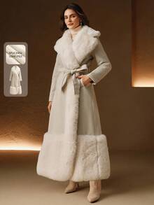 Anewsta Langer Kunstpelzmantel mit Gürtel, flauschiger zottiger Fellpatchwork, Herbst/Winter - Weiss - Übersicht 6