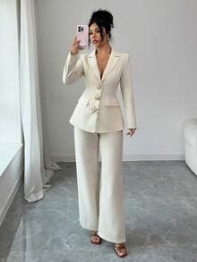 Selianne Women's Apricot Sexy & Elegant Commuter Shirt Collar Metal Button Decor Fake Pocket Design Long Sleeve Slim Fit Waist Suit Jacket + Women's Apricot Sexy & Elegant Commuter Double Pocket Design Slim Fit Straight Leg Pants, Spring/Autumn