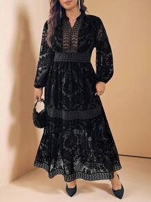 SHEIN LUNE Váy dự tiệc nhung Burnout cỡ lớn có thắt eo - màu đen - Xem 6