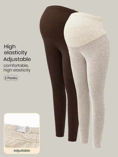 Modmama 2条装孕妇纯色基础款针织打底裤，休闲日常穿着