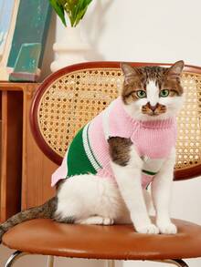 PETSIN 1件宠物猫狗通用粉绿条纹经典时尚可爱针织提花保暖舒适弹力无袖高领狗狗毛衣 - 彩色 - 查看 3