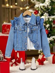 SHEIN Elladie kids 女童时尚短袖纽扣牛仔外套 浅蓝色幼儿牛仔外套 儿童牛仔外套 女童牛仔外套 女童牛仔外套 儿童牛仔外套