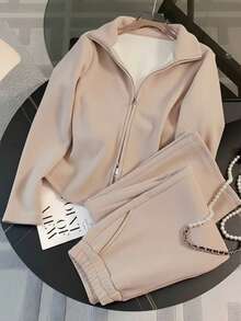 Franclia Bộ đồ thể thao thường ngày mới thu đông 2025 dành cho nữ, áo hoodie lông cừu đơn giản có khóa kéo thời trang và quần ống rộng 2 món - Màu be - Xem 6