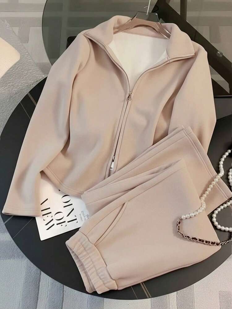 Franclia Conjunto Esportivo Casual Novo de Outono/Inverno 2025 para Mulheres, Moletom com Zíper Elegante e Emagrecedor e Calça Pantalona 2 Peças - Damasco - Visão 6
