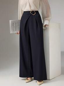 Modelyn Pantalon ample élégant à jambes droites et couleur unie avec décoration pour femmes - Bleu azur - Voir 3