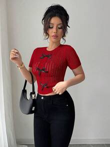 Elenzga Blusa de mujer con tejido de cuerda hueco y lazo decorativo, adecuada para la playa - Rojo - Ver 3