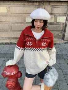 DAZY Áo len dài tay họa tiết gradient phong cách Hàn Quốc theo phong cách Giáng sinh Colorblock dành cho nữ, Thu/Đông - Đỏ - Xem 2