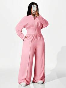 Slaydiva 大码女式纯色长袖拉链连帽衫和阔腿裤休闲套装两件套，舒适粉色两件套，端庄两件套 - 粉色 - 查看 7