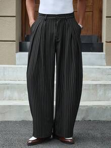 SWAVVY Men's Striped Print Pocket Pants Men Pants Dress Men Wide Leg Pants Japanese Pants For Men Pleated Pants Pinstripe Pants Men Dress Pants - Black - View 3