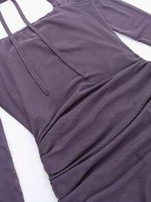 Chiquease 女士奢华晚礼服，纯色荷叶边开衩修身长袖连衣裙 - 紫色 - 查看 3