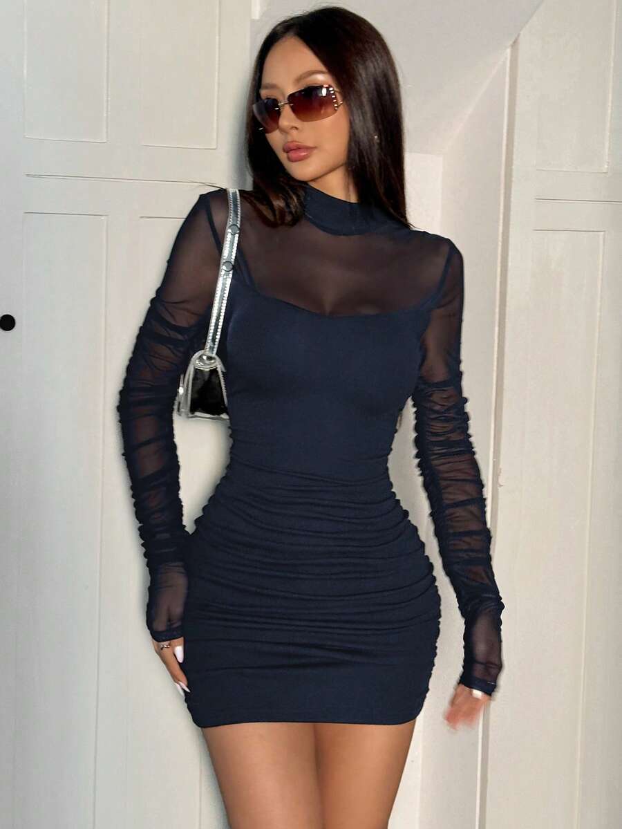 SHEIN EZwear 海军蓝女士网眼针织吊带裙 - 藏蓝色 - 查看 1