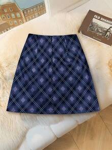 Franclia 女士时尚格子休闲百搭A字裙 - 藍色 - 查看 2