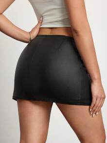 SHEIN Unity Women's Personalized Mini Skirt, Solid Color Leather Bodycon Skirt - Black - View 2