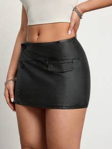 SHEIN Unity Women's Personalized Mini Skirt, Solid Color Leather Bodycon Skirt - Black - View 3