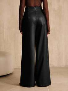 Anewsta 女士高腰阔腿 PU 皮革裤，黑色，商务休闲新款，适合万圣节和春季穿着 - 黑色 - 查看 2