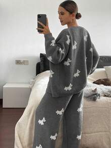 DAZY 2pcs Women Puppy Pattern Loose Knit Cardigan Long Sleeve And Pants Pajama Set, Autumn/Winter - Grey - View 2