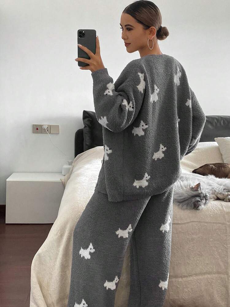 2pcs Women Puppy Pattern Loose Knit Cardigan Long Sleeve And Pants Pajama Set, Autumn/Winter