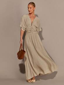 COSMINA Vestido de mujer de cuello en V profundo y manga corta, versátil para la oficina, el transporte y el uso diario, para todas las estaciones