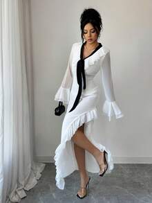 Modelyn Women's V-Neck Ruffle Trim Contrast Color Bell Sleeve Dress - Black and White - View 6