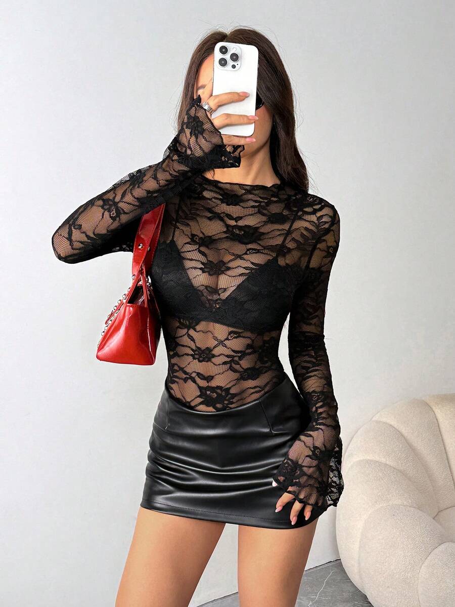 SHEIN Unity New Autumn Women Black Lace Elastic Sheer Sexy Blouse, Suitable For Party, New Year, Commute And Daily Wear - Black - View 1