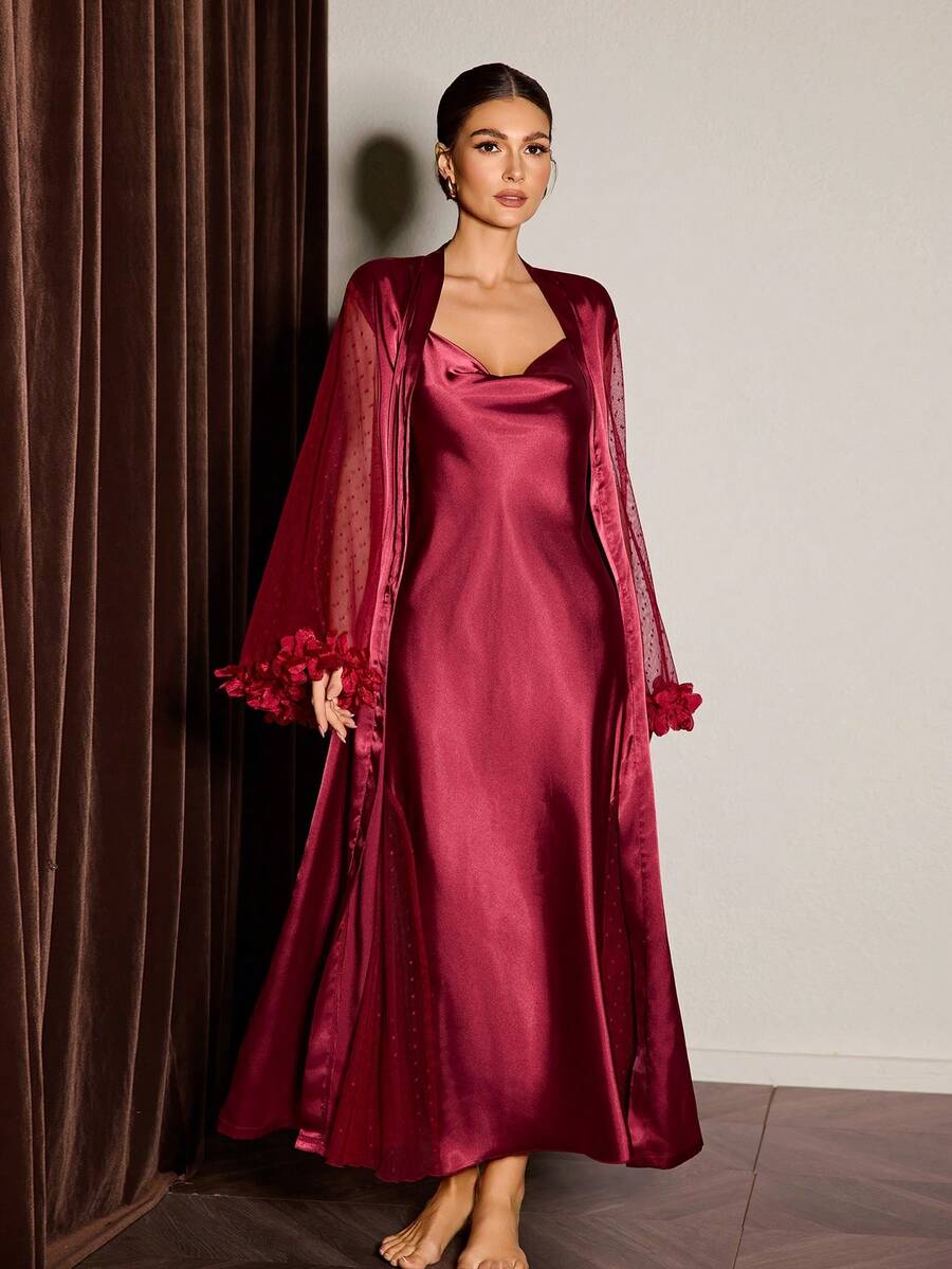 Slumberist Women's Satin Pajama Set, Side Splice Sexy Polka Dot Mesh V-Neck Nightgown, Robe Cuff Splice 3D Floral Lace - Burgundy - View 1