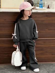 Dazy Kids 2pcs/Set Young Girls Round Neck Knit Sweatshirt Set, Fall Spring - Grey - View 4