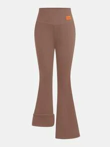 2 pièces Pantalon évasé taille haute avec doublure thermique et patch en PU, style décontracté et polyvalent pour les préadolescentes, automne/hiver - Acajou - Voir 8