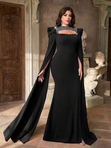 Aureia Plus Size Elegant& Black Spring Formal Evening Prom Gown,Silver Rhinestone Trim, Hollow-Out,Extra Long Flutter Sleeves,High Side Slit - Black - View 7