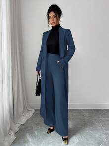 Elenzga 石板藍女款兩件式套裝，優雅翻領長袖長版外套與直筒長褲套裝，適合辦公室、秋季通勤、街頭風、派對 - 霧霾藍 - 查看 7
