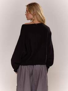 MUSERA Boat Neck Baggy Batwing Popper Front Knit Top Cute Classy Sexy Streetwear Night Out  Spring Sweater Summer - Black - View 2