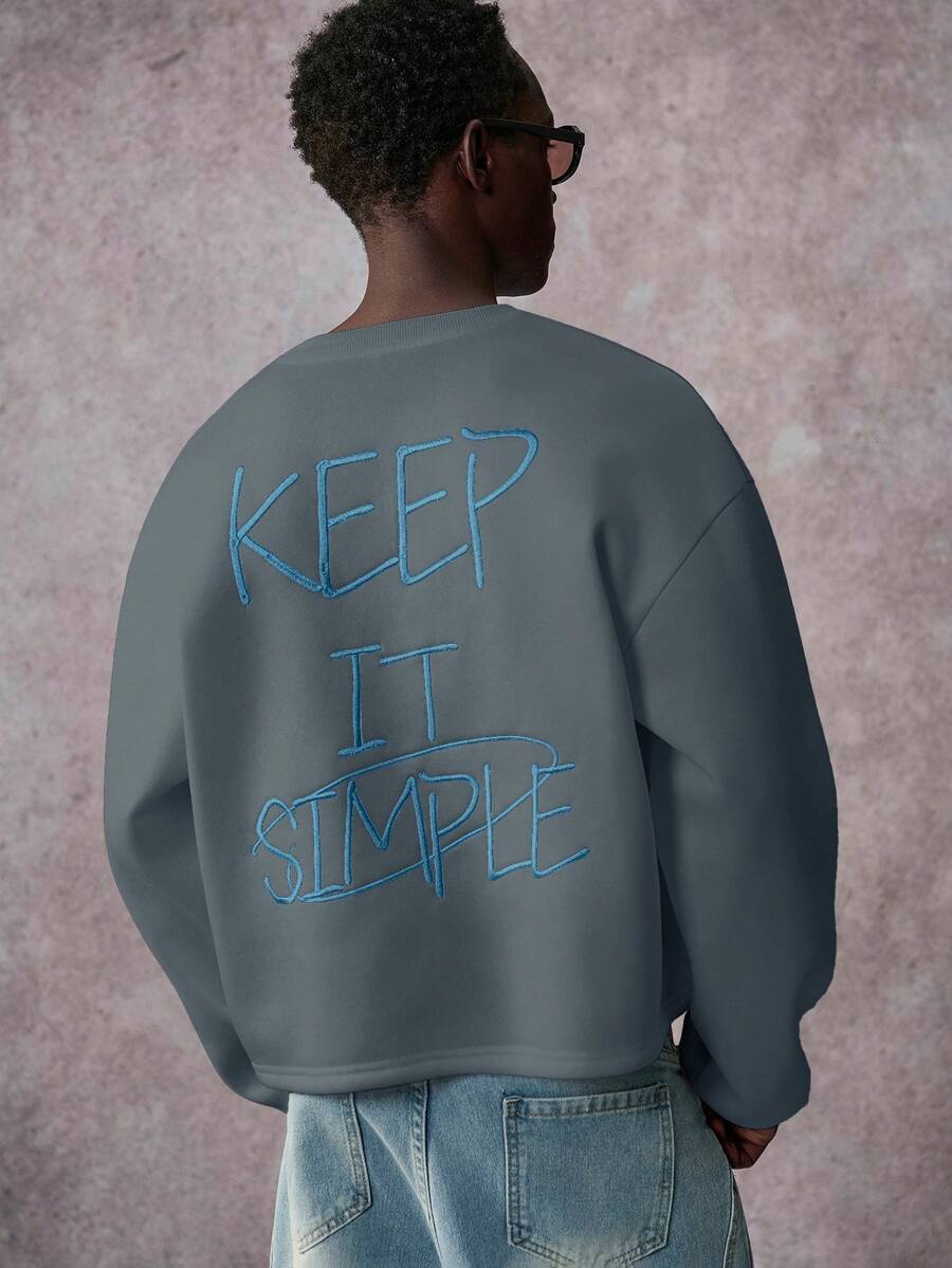 STYNVO Men's Slogan Embroidered Dropped Shoulder Casual Crew Neck Pullover Sweatshirt Mens Jumpers 90s Sporty Sweater Men Men Sweatshirt Graphic Blue Graphic Hoodies Men - Blue - View 1