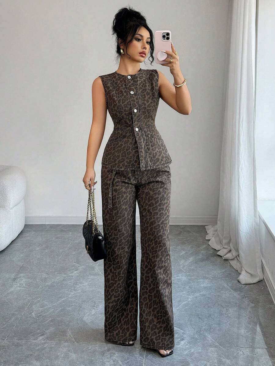 Elenzga 女士豹纹单排扣马甲和牛仔裤套装 - 棕色 - 查看 1