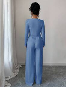 Modelyn Women's Solid Color Single-Breasted Collar Long Sleeve Top And Drawstring Waist Loose Wide Leg Pants 2 Pieces Set - Baby Blue - View 2