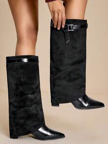 Daringsoles Giày bốt cao đến đầu gối đế thô thời trang đa năng cho nữ - màu đen - Xem 5