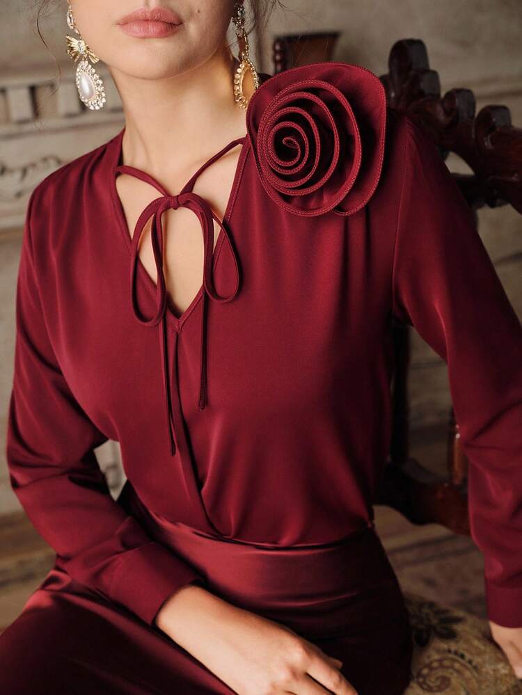 Women's Elegant Blouse With 3D Rose Flower Decor & Tie Front Design, Burgundy