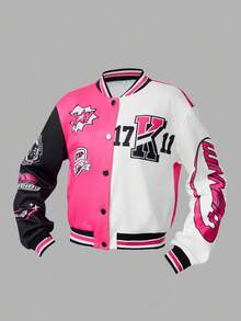 SHEIN Girlism Teen Girls Casual Street Baseball Jacket, Long Sleeve Fitted Pink White Black Logo Graphic Print Coat, Autumn/Winter - Multicolor - View 4