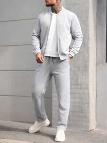 Manfinity CasualCool 男士纯色插肩袖拉链休闲百搭简约设计外套套装 男士针织套装 男士休闲套装 男士运动服套装 灰色套装 男士慢跑套装 - 灰色 - 查看 3