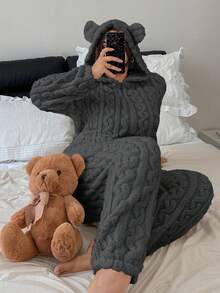 Dream Adore Plus Size Women's Animal Pattern Teddy Bear Embroidery Jacquard Cozy Hooded Jumpsuit Pajamas - Grey - View 7