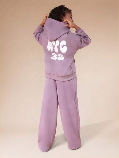  SUMWON Tween Girls Oversized Hoodie And Wide Leg Sweatpants Co-Ord Set NYC Print Long Sleeve Tracksuit For Casual And Vacation