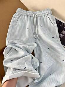 GlowEve Bow Tie & Striped Print Drawstring Waist Pockets Casual Sweatpants - Multicolor - View 1
