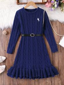 Tween Girls Long Sleeve Snug Fit Sweater Dress With Ruffle Hem, Suitable For Spring, Autumn, Winter, Can Be Paired With Padded Coat - Royal Blue - View 1