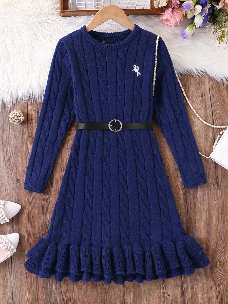 Tween Girls Long Sleeve Snug Fit Sweater Dress With Ruffle Hem, Suitable For Spring, Autumn, Winter, Can Be Paired With Padded Coat - Royal Blue - View 1