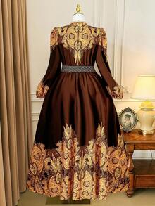 DreamSkyne Đầm dài tay cổ tròn in họa tiết eo bồng bềnh cổ điển phong cách Bohemian thời trang đa năng dành cho nữ đi du lịch biển Maldives Thái Lan, thích hợp cho mùa xuân, thu và đông - Nhiều màu - Xem 2
