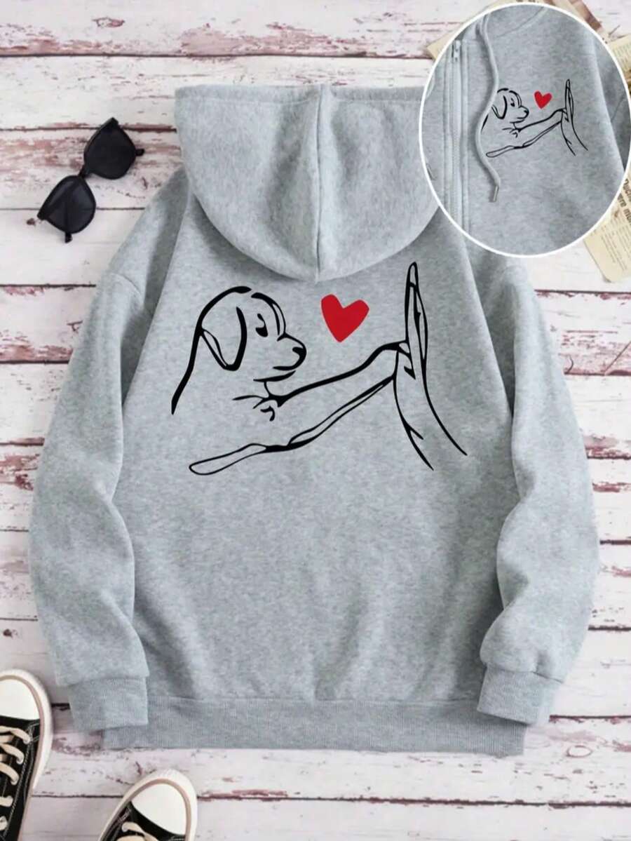 Sudadera con capucha para mujer, cálida y suave, con cremallera – Hecha en México, diseño gráfico de perro - Gris - Ver 1