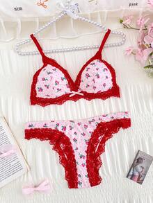 Bộ đồ lót nữ 2 món, áo ngực mỏng phối ren màu tương phản và quần lót cạp giữa - Hồng - Xem 6