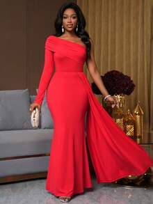 SHEIN Ladiora Đầm midi xòe một bên vai thanh lịch dành cho nữ dự tiệc - Màu Đỏ Sâu - Xem 1