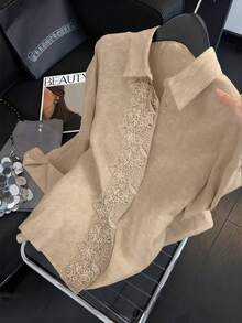 GlowEve Áo sơ mi nữ tay dài cổ tròn, rộng rãi, phối ren dệt màu đào, thường ngày thu đông - Màu be - Xem 1